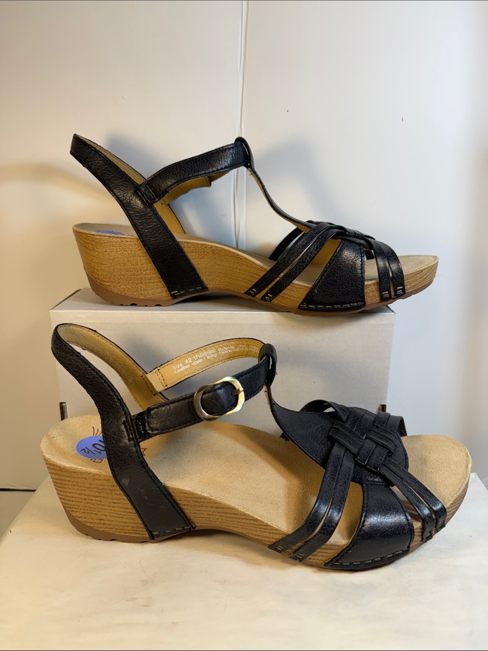 Dansko Black Leather Wedge Sandals with Buckle Strap